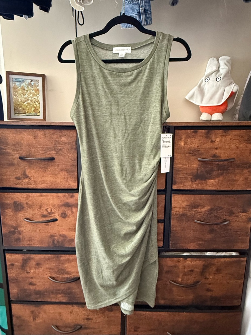 Nordstrom Olive Green Sleeveless Ruched Midi Dress
